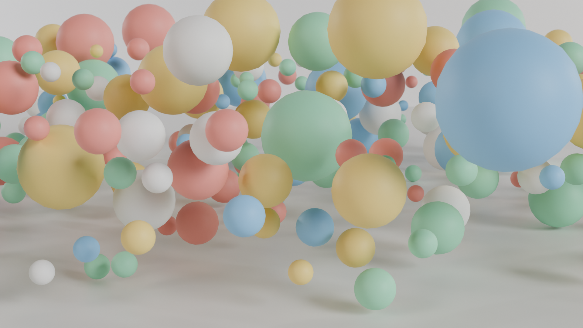 Hundreds of scattered spheres with shallow depth of field