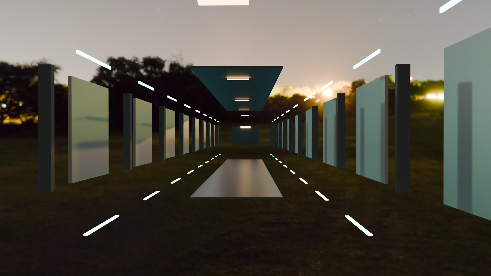 発光する帯で照らした SF の通路