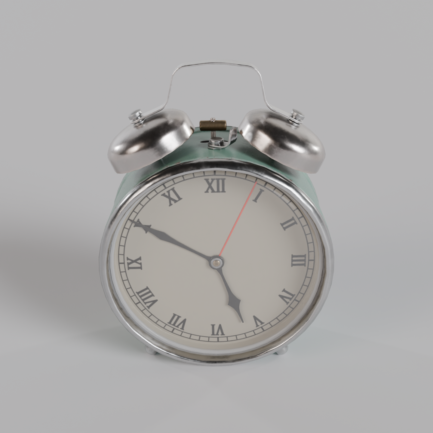 Product shots of a real 3D model: an alarm clock (Poly Haven, CC0), preset='product'