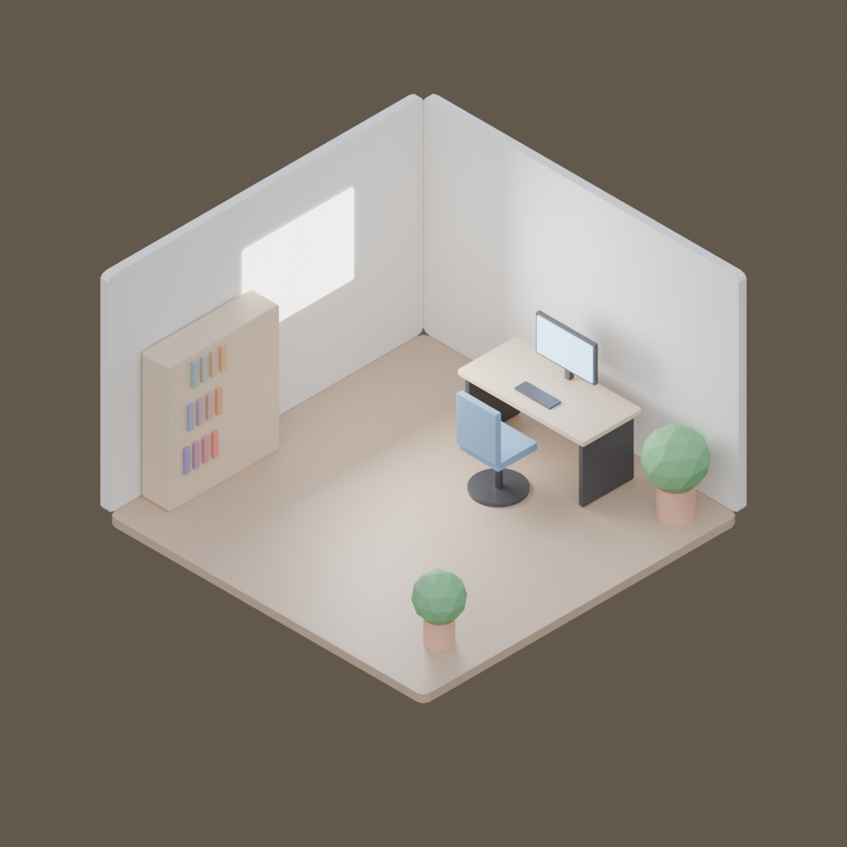 Isometric office corner with an orthographic camera
