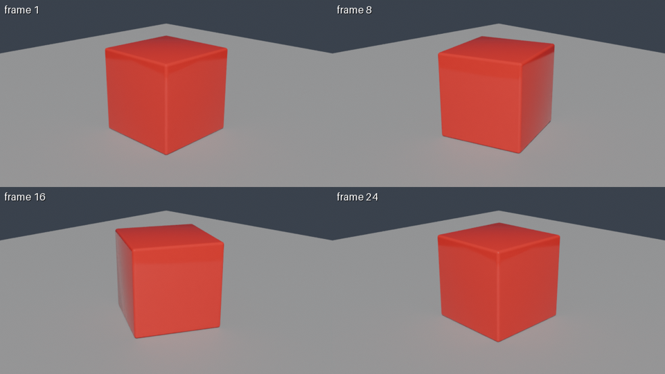 A 4-frame preview rendered by JANCTION Render (a rotating red cube)